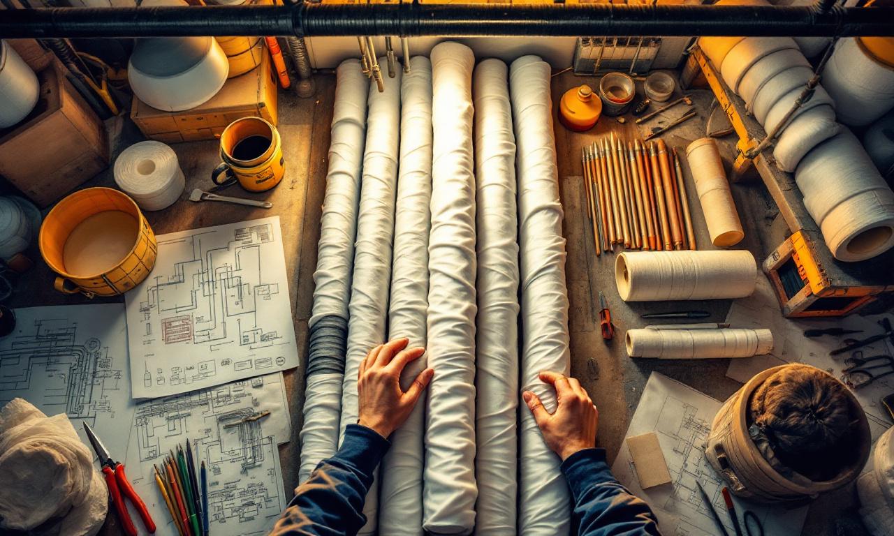 Изображение процесса утепления труб в производственной мастерской.